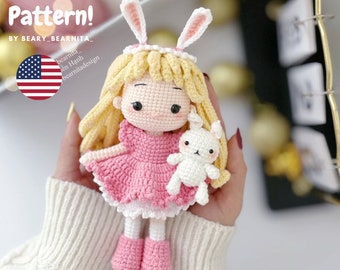 Bunny girl crochet pattern. Amigurumi doll crochet pattern. PDF file.