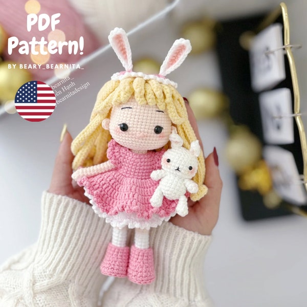 Bunny girl crochet pattern. Amigurumi doll crochet pattern. PDF file.
