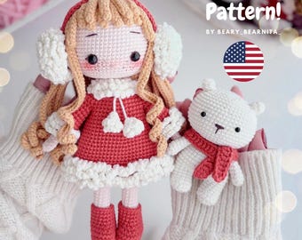 May include: Crochet pattern for a girl doll wearing a red dress and white earmuffs, and a white bear wearing a red scarf. The pattern is available as a PDF download. The text on the image reads "PDF Pattern! By Beary_Bearnita_"