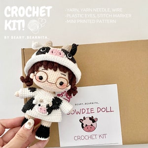 Cowdie doll crochet kit. Crochet kit. Crochet materials. Amigurumi crochet kit. Doll kit. Amigurumi pattern.