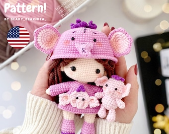 Elephant doll crochet pattern. Amigurumi crochet pattern. Crochet doll. PDF file