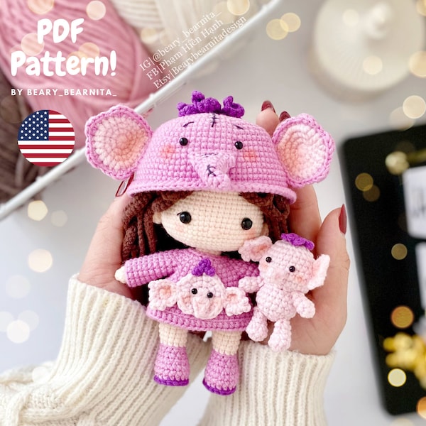 Wzór na szydełkową lalkę słonia: Lalka amigurumi (plik PDF)
