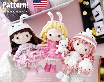 Lot de 3 modèles de poupées au crochet. Modèle au crochet pour poupée Amigurumi. Jolies poupées Amigurumi. Modèle de poupée au crochet. Fichiers PDF.