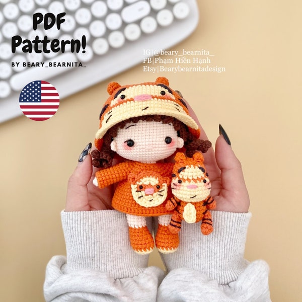 Tiger doll crochet pattern. Amigurumi crochet pattern. Crochet doll. PDF file