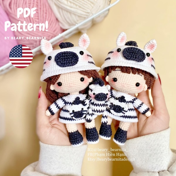 Wzór na szydełkową lalkę „Para zebr”: Amigurumi w formacie PDF (do pobrania w wersji cyfrowej)