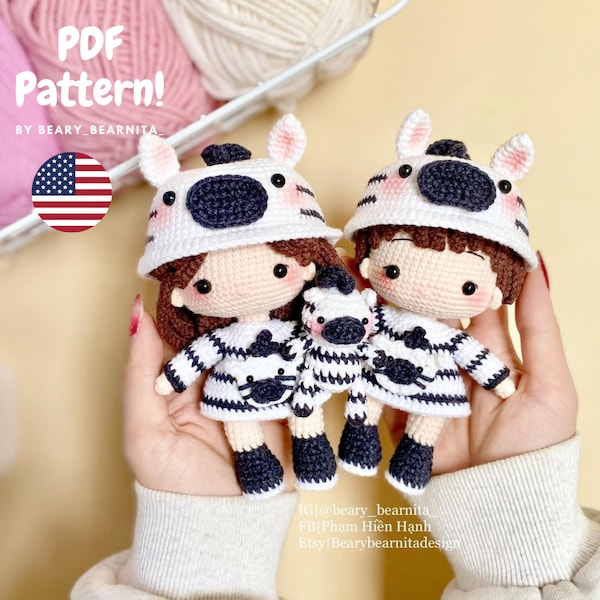 Zebra couple doll crochet pattern. Amigurumi crochet pattern. Crochet doll. PDF file