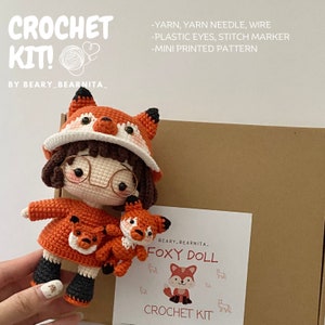 Foxy doll crochet kit. Crochet kit. Amigurumi crochet kit. Amigurumi crochet pattern. Doll kit.