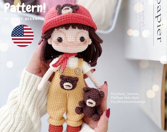 Beary girl doll crochet pattern. Amigurumi crochet PDF pattern. Doll. Doll pattern. PDF file.