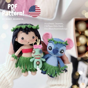 Hawaii girl doll and blue monster crochet pattern. Amigurumi crochet PDF pattern. Doll pattern. PDF file.