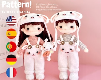 Bunny couple crochet doll pattern. Amigurumi crochet PDF pattern. Doll. Doll pattern. PDF file.