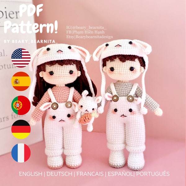 Bunny couple crochet doll pattern. Amigurumi crochet PDF pattern. Doll. Doll pattern. PDF file.