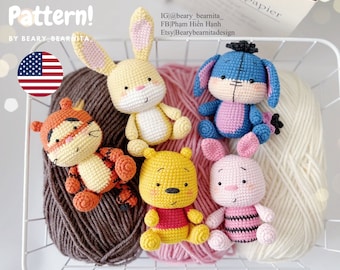 Pacchetto 5 modelli di simpatici animali. P.o.o.h e amici. Schema Amigurumi all'uncinetto. Simpatiche bambole Amigurumi. Modello per bambola all'uncinetto. File PDF.