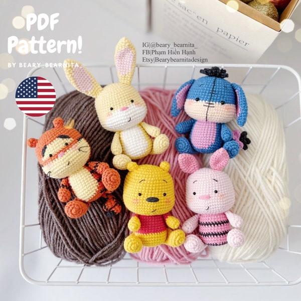 Bundle 5 Cute Animals patterns. P.o.o.h and friends. Amigurumi crochet pattern. Cute Amigurumi dolls. Crochet doll pattern. PDF files.