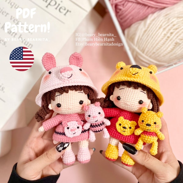 Yellow poo.h bear doll and Pinky piglet piggy doll crochet pattern. Amigurumi crochet pattern. Crochet doll. PDF file