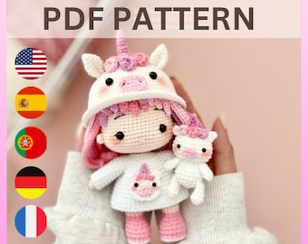 Yuni unicorn doll crochet pattern. Amigurumi crochet pattern. Crochet doll. PDF file