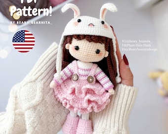 Bunny girl crochet pattern. Amigurumi doll crochet pattern. PDF file.