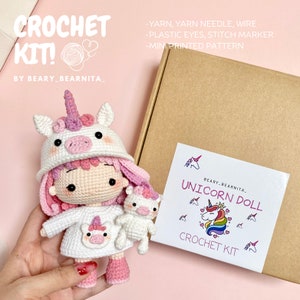 Yuni Unicorn doll crochet kit. Crochet kit. Crochet materials. Amigurumi doll kit. Amigurumi pattern.