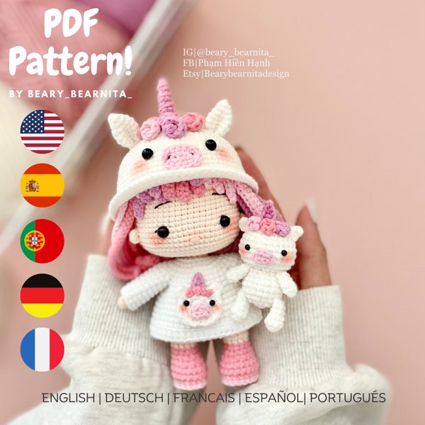 Yuni unicorn doll crochet pattern. Amigurumi crochet pattern. Crochet doll. PDF file