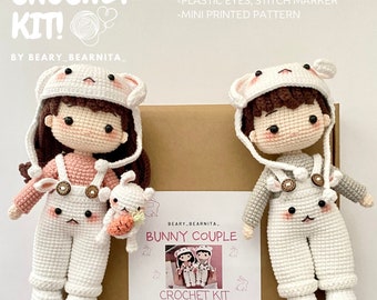 Bunny couple doll crochet kit. Crochet kit. Crochet materials. Crochet pattern. Crochet doll pattern. Amigurumi doll.