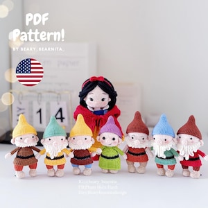 May include: A crochet pattern for making a Snow White doll and seven dwarf dolls. The dolls are all made in a cute, cartoon style. The pattern is available as a PDF download.