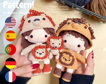 Lion couple doll. Amigurumi doll. Amigurumi crochet pattern. Crochet doll pattern. Amigurumi doll pattern. PDF file.