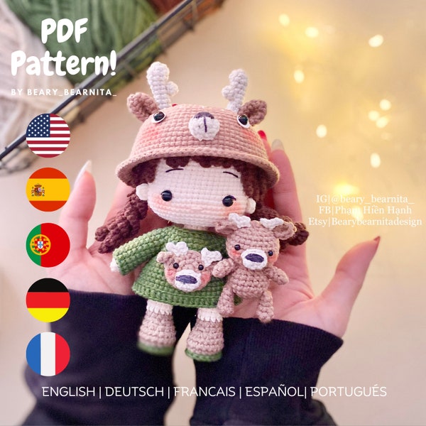 Deer crochet doll pattern. Amigurumi doll crochet pattern. Crochet doll pattern. PDF file.