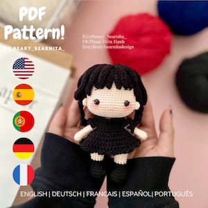 Black dress doll. Amigurumi doll. Amigurumi crochet pattern. Crochet doll pattern. Amigurumi doll pattern. PDF file.