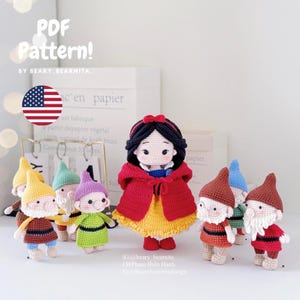 May include: Crochet pattern for Snow White and the Seven Dwarfs. The pattern includes instructions for making a doll of Snow White in a red hooded dress and seven dwarf dolls. The pattern is available as a PDF download.