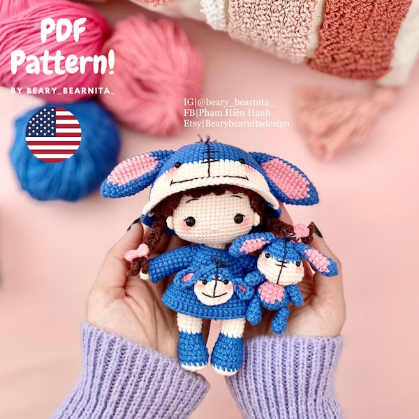 Blue donkey doll crochet pattern. Amigurumi crochet pattern. Crochet doll. PDF file