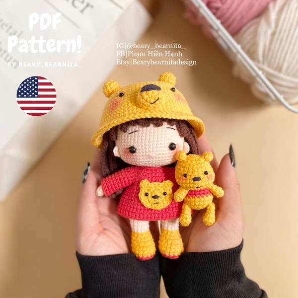 Yellow poo.h bear doll crochet pattern. Amigurumi crochet pattern. Crochet doll. PDF file