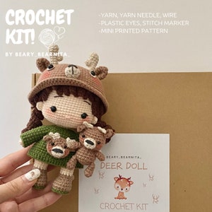 Deer doll crochet kit. Crochet kit. Amigurumi crochet kit. Amigurumi crochet pattern. Crochet pattern.