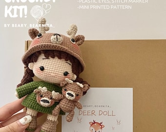 Deer doll crochet kit. Crochet kit. Amigurumi crochet kit. Amigurumi crochet pattern. Crochet pattern.