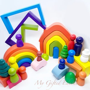 Wooden Rainbow Stackers + Christmas Village House + Wooden Peg Dolls + Baby Toddler Preschool Toy - Montessori Waldorf Balance Nursery Decor