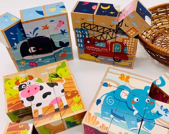 Set of 2 Wooden Block 3D Puzzles (9 Cubes) - Animals, Transportation, Ocean -  Montessori Waldorf STEM Learning Toy - Toddler Preschool