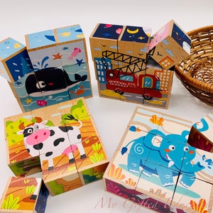 Set of 2 Wooden Block 3D Puzzles 9 Cubes Animals, Transportation, Ocean Montessori Waldorf STEM Learning Toy Toddler Preschool Both Sets(4 puzzles)