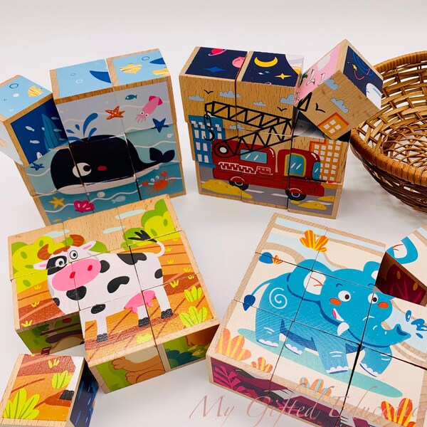 Set of 2 Wooden Block 3D Puzzles (9 Cubes) - Animals, Transportation, Ocean -  Montessori Waldorf STEM Learning Toy - Toddler Preschool