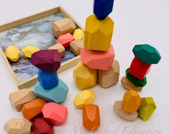 Pietre arcobaleno impilabili in legno bilanciate - Montessori Waldorf Balancing Toy Rock Blocks - Regalo di Pasqua del giocattolo STEM sensoriale per bambini in età prescolare
