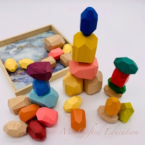 Wooden Stacking Balancing Rainbow Stones  - Montessori Waldorf Balancing Toy Rock Blocks - Toddler Preschool Sensorial STEM Toy Easter Gift