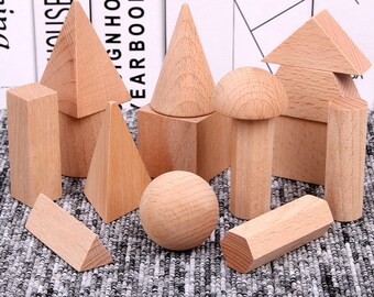 15 Montessori Geometric Solids Wood Blocks - Preschool learning puzzle - Toddler Sensorial Math Toy - STEM Waldorf Homeschool Classroom