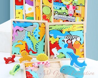 Puzzle 2 in 1 in legno impilabile con vassoio - Dinosauri, animali, cibo, trasporti - Montessori Waldorf - Giocattolo per bambini in età prescolare