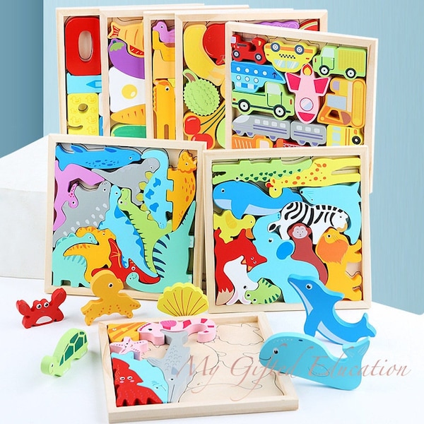 2-in-1 Wooden Stacking Balance Puzzle w/Tray - Dinosaurs, Animals, Food, Transportations - Montessori Waldorf - Toddler Preschool Kids Toy