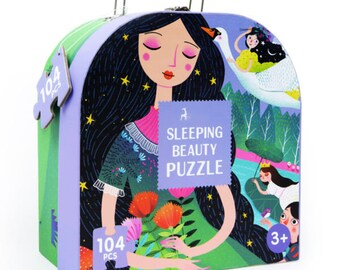 Sleeping Beauty + 6 Princesses Children Jigsaw Puzzle With Treasure Box Case 104 Pieces - STEM Educational Learning - Christmas Birthday