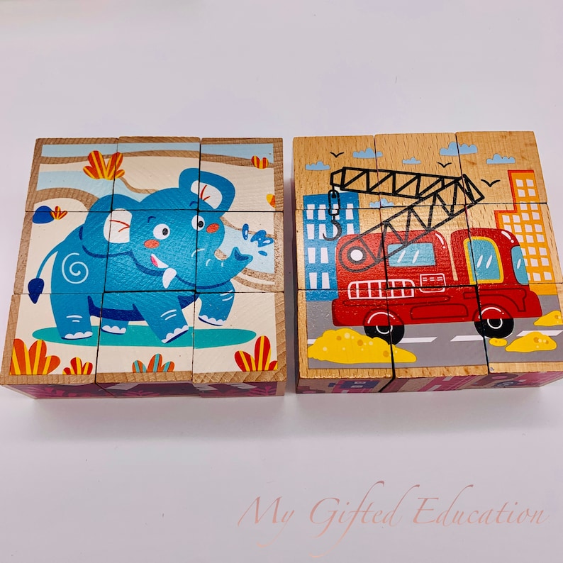 Set of 2 Wooden Block 3D Puzzles 9 Cubes Animals, Transportation, Ocean Montessori Waldorf STEM Learning Toy Toddler Preschool Safari + Transport
