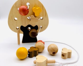 Wooden Toy Lacing Beading Threading Tree - Montessori Waldorf Sewing Toy Loose Parts - Imaginative Sensory Play - Toddler Preschool Blocks