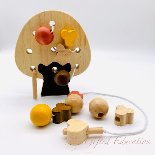 Wooden Toy Lacing Beading Threading Tree - Montessori Waldorf Sewing Toy Loose Parts - Imaginative Sensory Play - Toddler Preschool Blocks