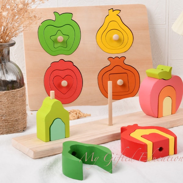 Montessori Geometric Shapes Peg Puzzles and Shape Stacker - Fruits Sensory Wooden Toy - classroom- Infant Toddler Preschool Waldorf