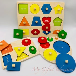 Montessori Geometric Shapes Peg Puzzles w/ Labels - Math Tracing Sensory Wooden Toy - Homeschool classroom- Infant Toddler Preschool Waldorf