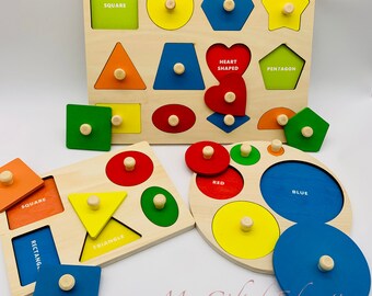 Montessori Geometric Shapes Peg Puzzles w/ Labels - Math Tracing Sensory Wooden Toy - Homeschool classroom- Infant Toddler Preschool Waldorf