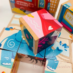 Set of 2 Wooden Block 3D Puzzles 9 Cubes Animals, Transportation, Ocean Montessori Waldorf STEM Learning Toy Toddler Preschool image 5