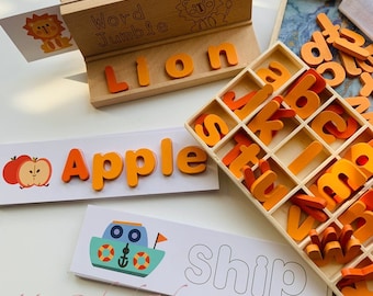 Montessori Movable Alphabets Words Spelling Phonics Puzzle - Wooden Learning Toy - Preschool STEM Toy Elementary Toy- Homeschool - Kids Gift